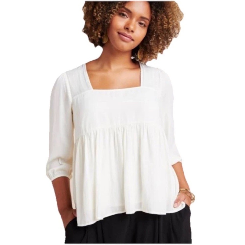 Anthropologie Dolan Cream Square Neck Babydoll Tiered Top Sz *M Feminine Classic